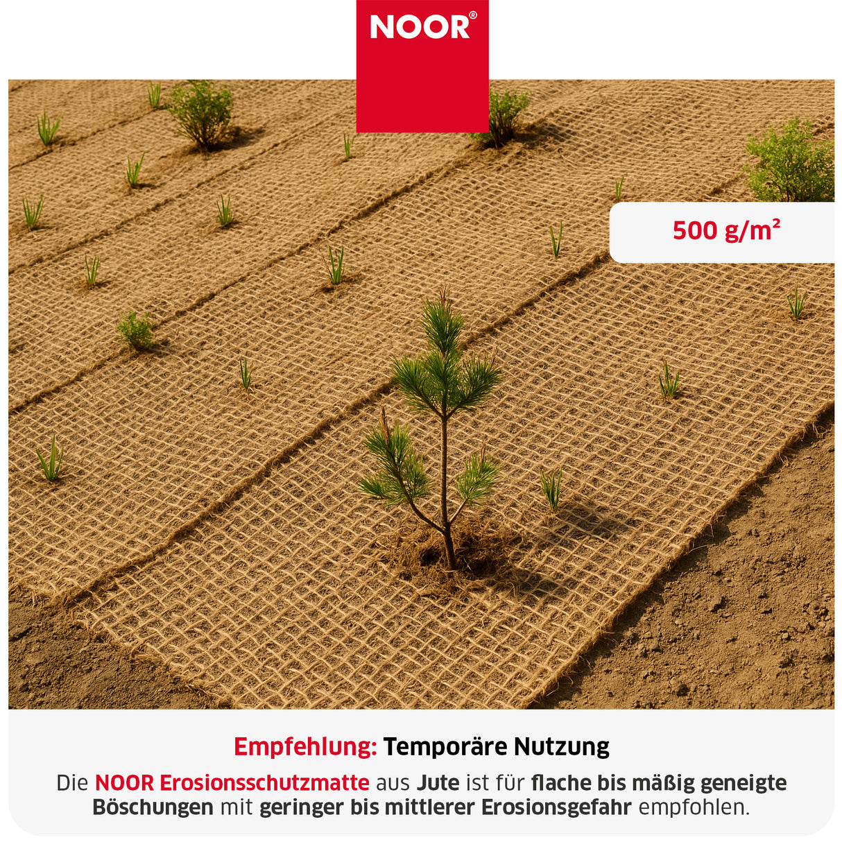 Nahaufnahme der schweren Jute-Matte 500 g/m² mit engmaschiger Struktur für stärker beanspruchte Böschungen