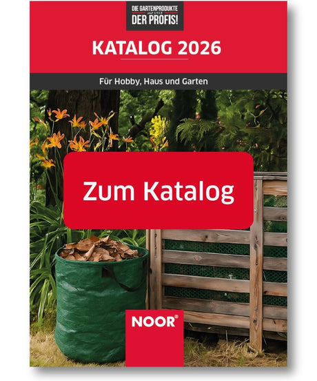 NOOR Gartenkatalog 2026: Profi-Gartenprodukte für die Saison 2026, präsentiert mit herbstlichen Gartenmotiven und praktischem Gartenzubehör.
