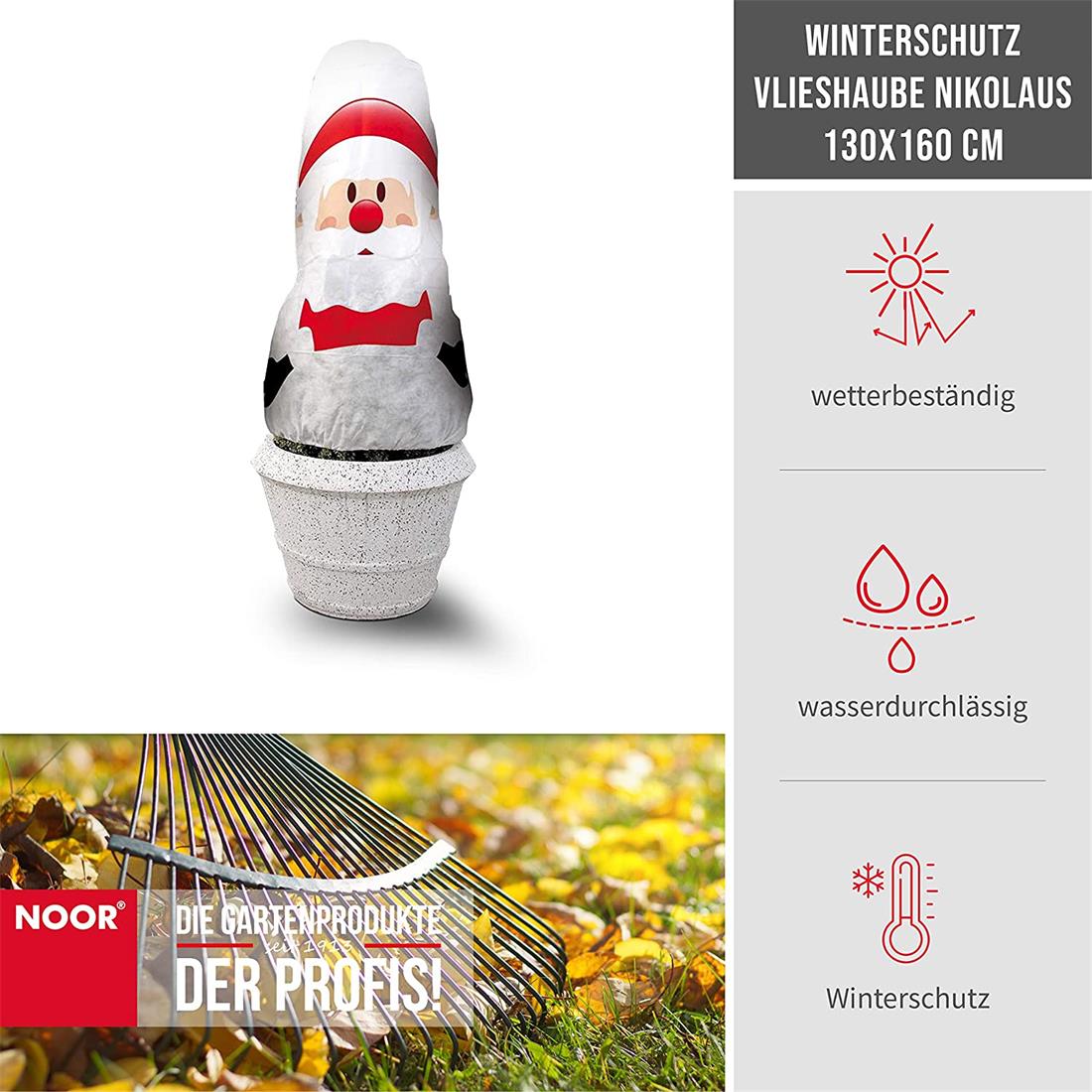 Winterschutzvlies mit Weihnachtsmann-Motiv als blickfangender Kälteschutz für Kübelpflanzen