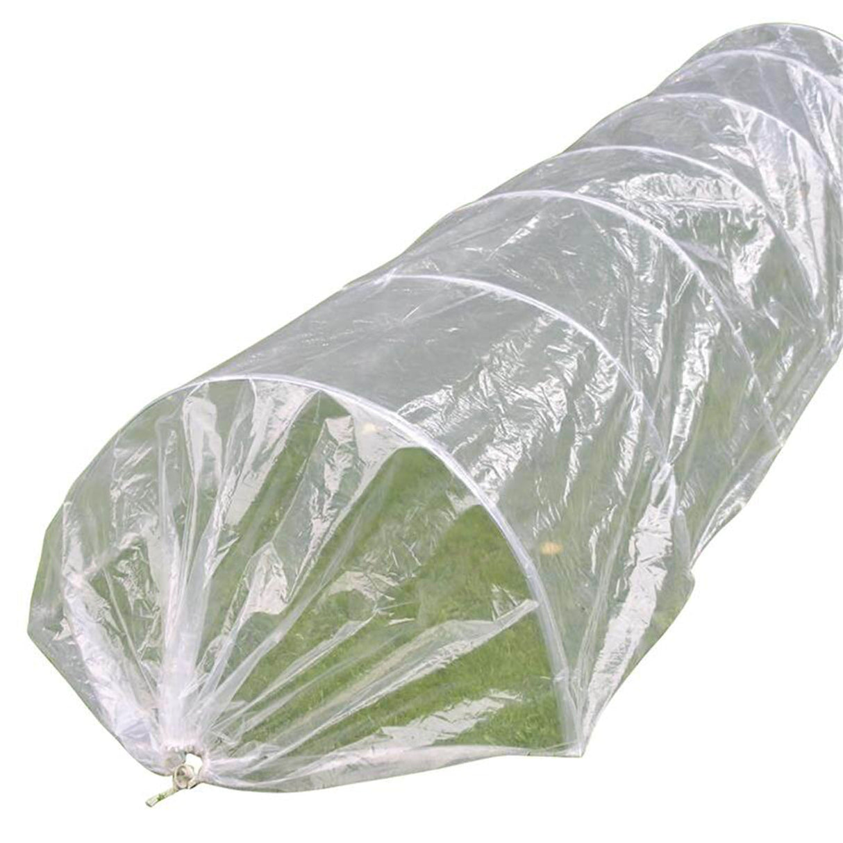 Transparenter XXL Pflanztunnel von NOOR mit verzinkten Metallbögen und Zugkordel zur Anzucht von Salat und Gemüse im Garten.