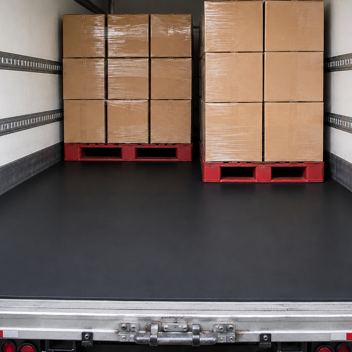 Schwarze SBR-Gummimatte als durchgehender Bodenbelag auf der Ladefläche eines LKW mit gestapelten Kartons auf Paletten.