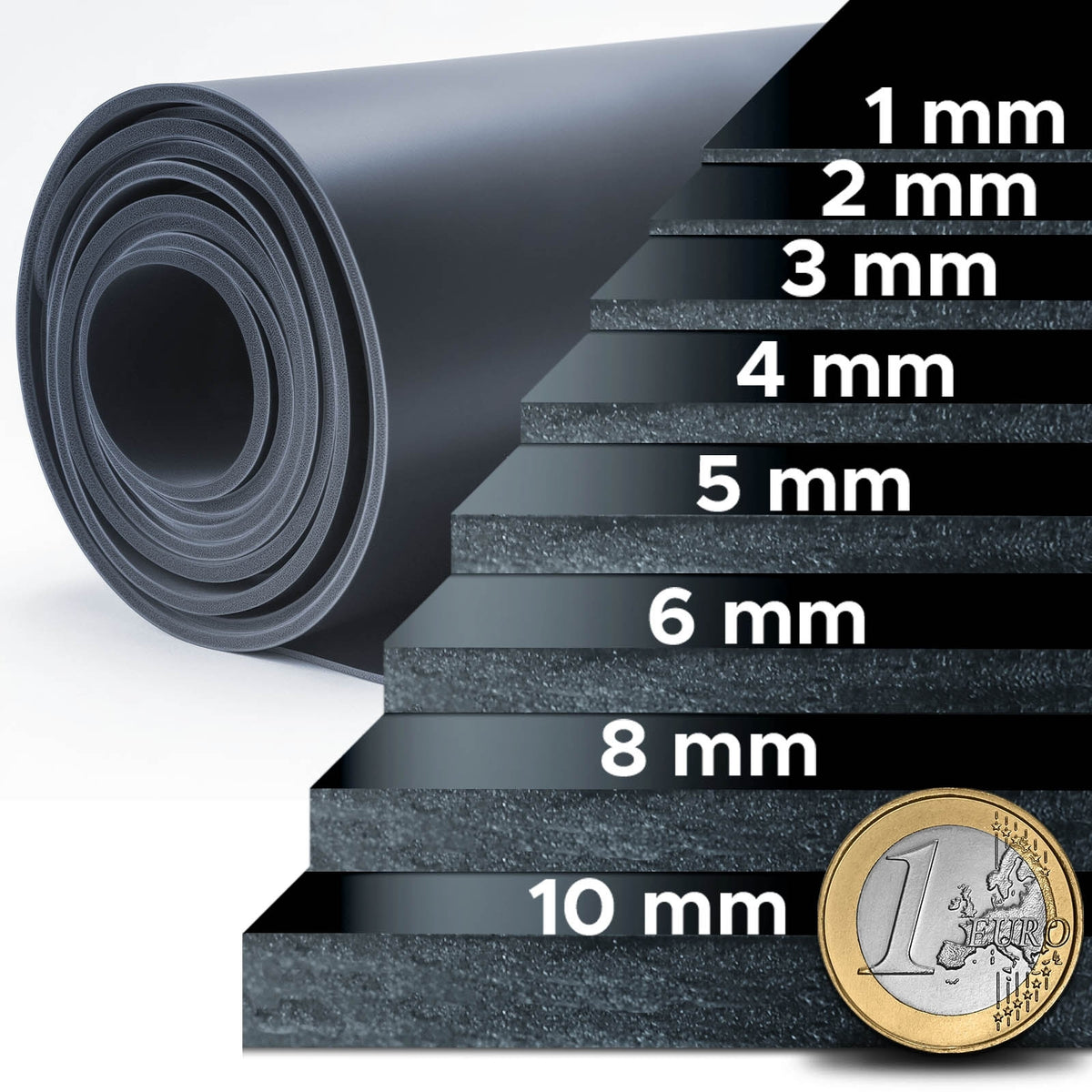Vergleich einer schwarzen SBR-Gummimatte in den Stärken 1, 2, 3, 4, 5, 6, 8 und 10 Millimeter mit Ein-Euro-Münze als Größenreferenz.