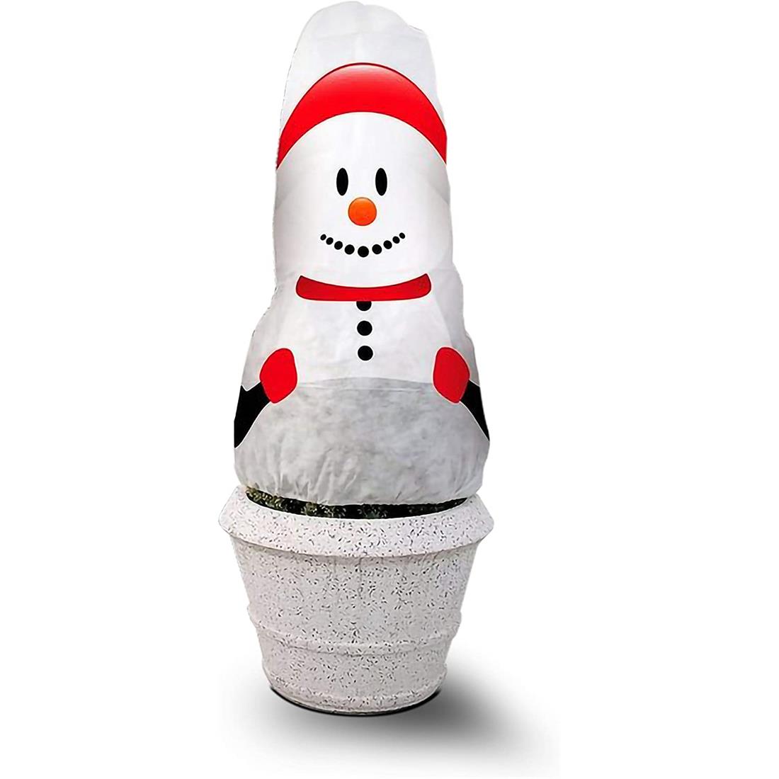 Frostschutzvlies-Haube mit Schneemann-Gesicht zur weihnachtlichen Dekoration von Gartenpflanzen