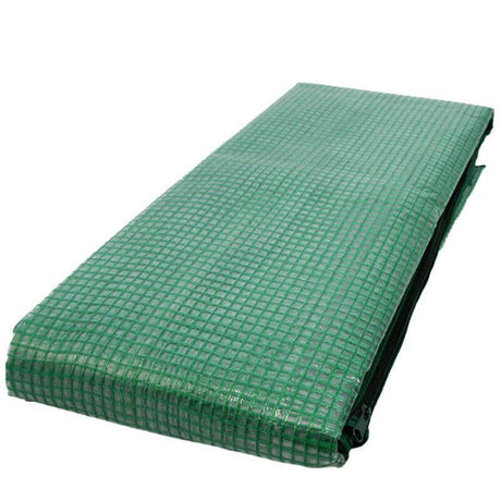 Grünes Tomaten-Gewächshaus Premium von NOOR mit verstärkter Gitterfolie und breitem Eingangsbereich für den Garten.