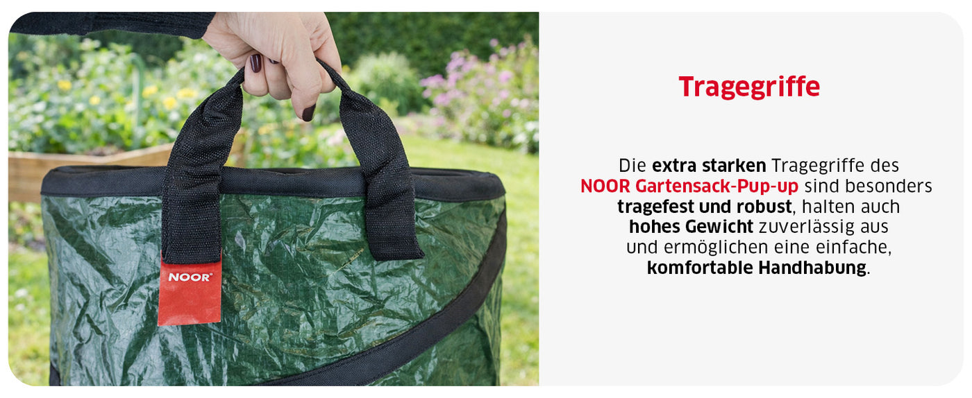 Extra verstärkte Tragegriffe und Entleerungsschlaufe am Boden des Pop-Up Abfallsacks für komfortables Handling